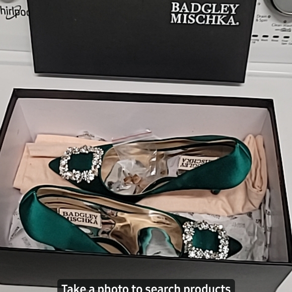 Badgley Mischka Teal Satin Heels with Crystal Detail - Picture 4 of 4